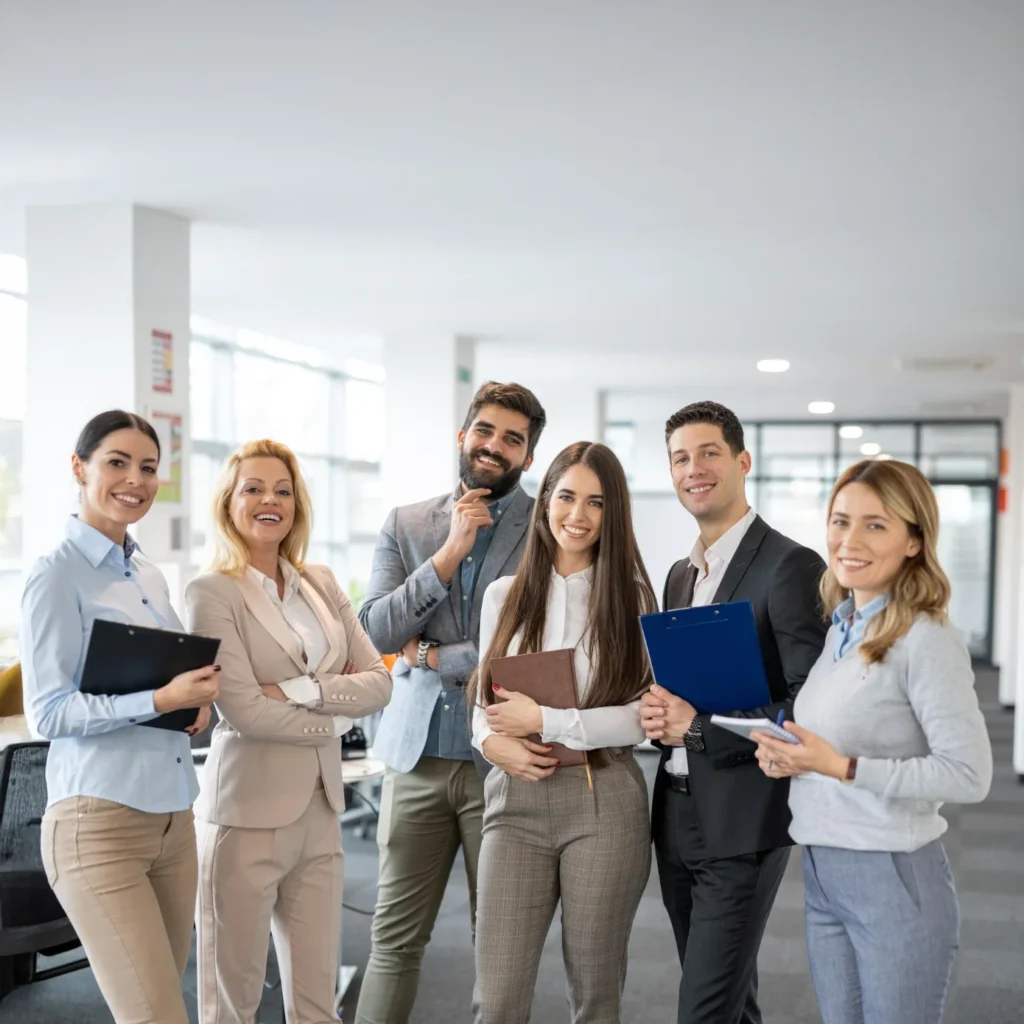 Sechs Geschäftsleute stehen freundlich lächelnd in einem modernen Büro – diverse Altersgruppen und Geschlechter.